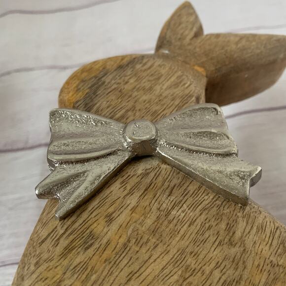 Wood Bunny Rabbit Figurine with Metal Silver Bow Easter Spring Farmhouse 9 3/4"H - Picture 8 of 12